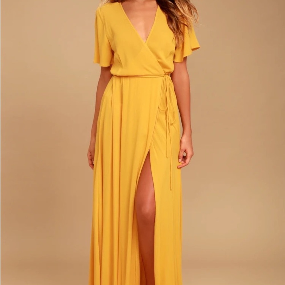 Lulu’s Much Obliged Maxi Wrap Dress in Yellow